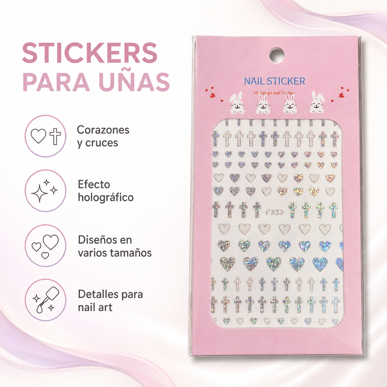 Nail Sticker 3D F333P – Corazones y Cruces Holográficas