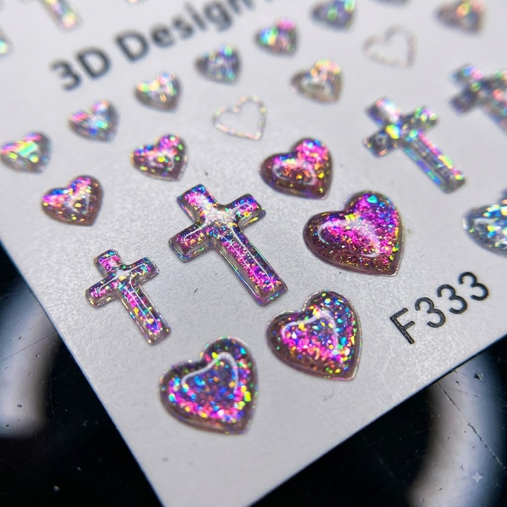 Nail Sticker 3D F333P – Corazones y Cruces Holográficas