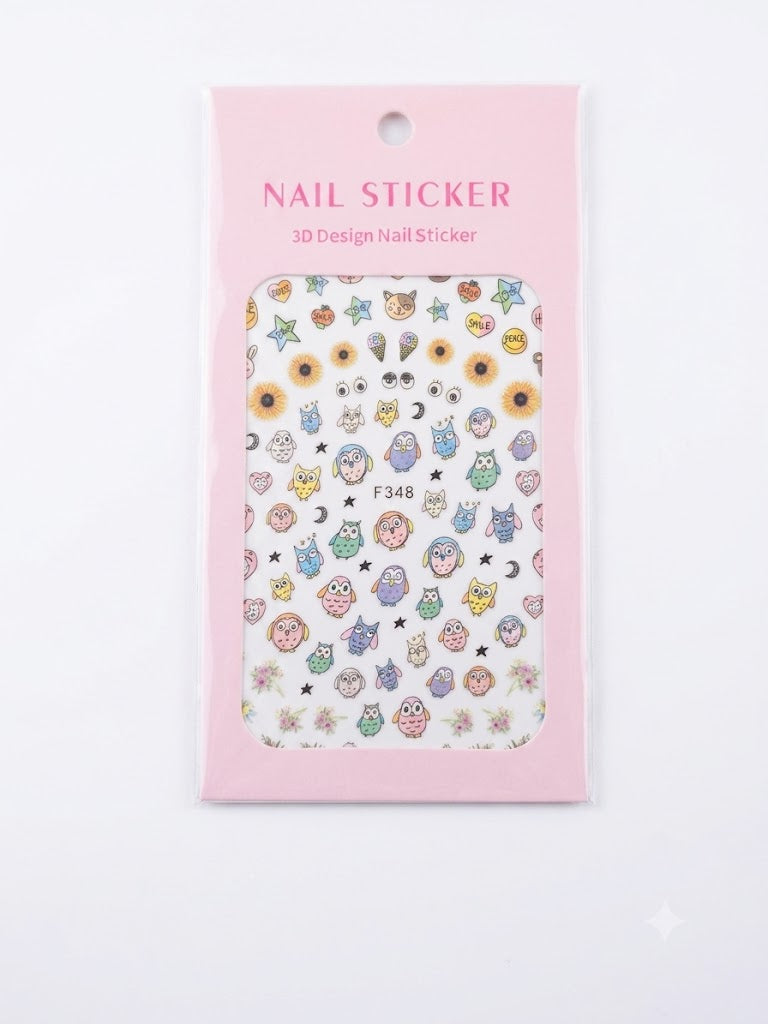 Nail Sticker 3D F348 Búhos y Girasoles Multicolor