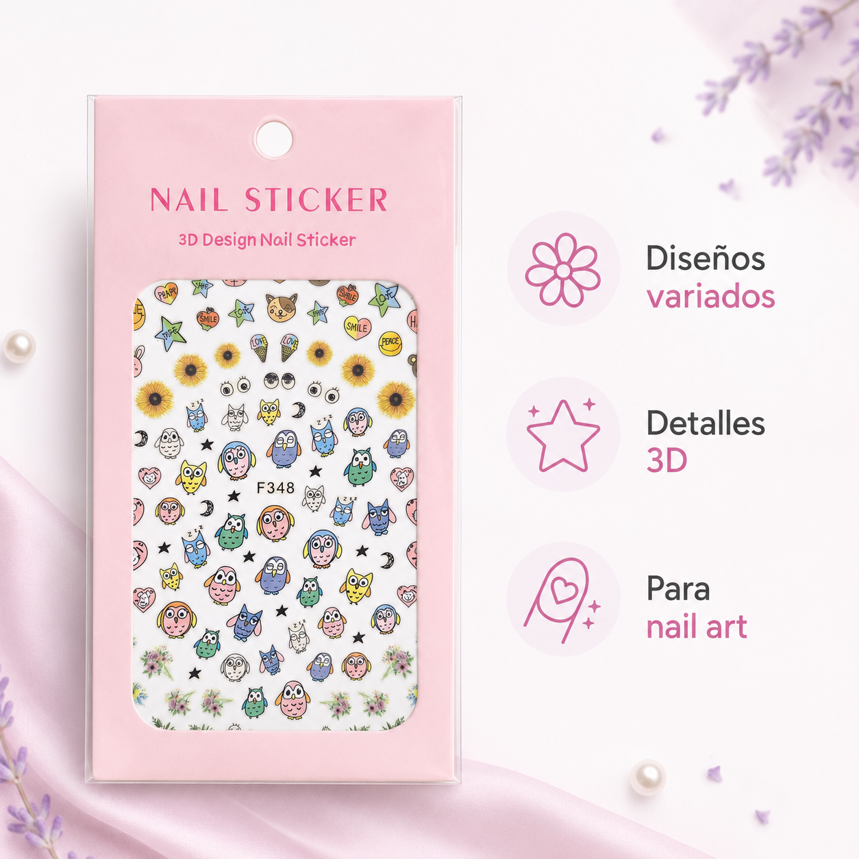 Nail Sticker 3D F348 Búhos y Girasoles Multicolor