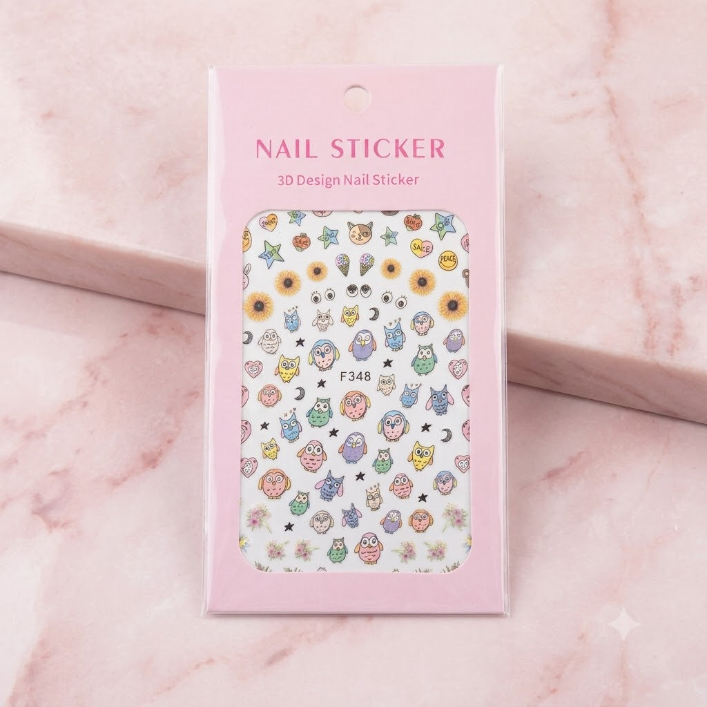 Nail Sticker 3D F348 Búhos y Girasoles Multicolor