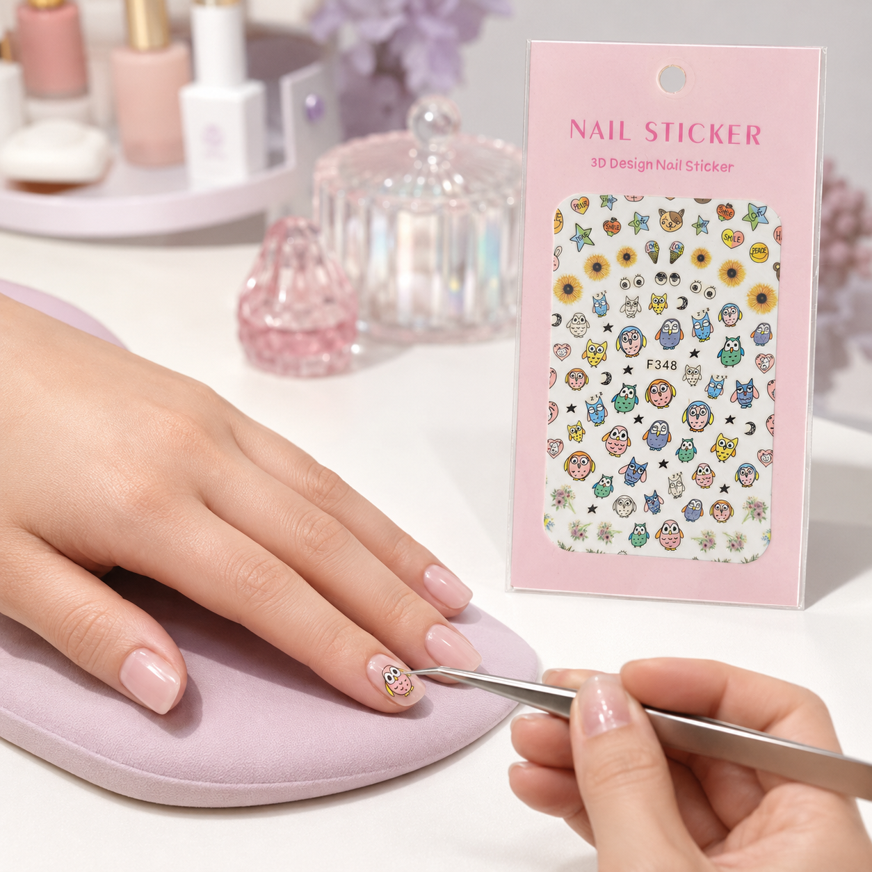 Nail Sticker 3D F348 Búhos y Girasoles Multicolor