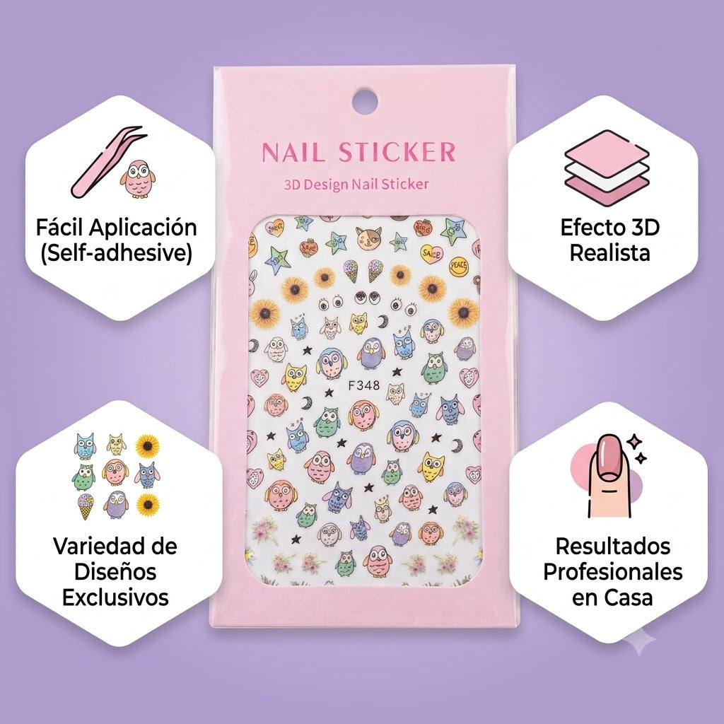 Nail Sticker 3D F348 Búhos y Girasoles Multicolor