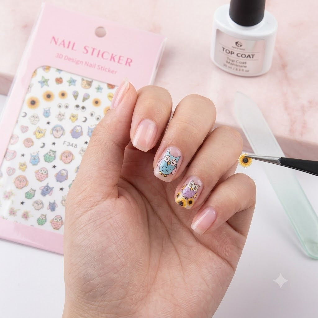 Nail Sticker 3D F348 Búhos y Girasoles Multicolor
