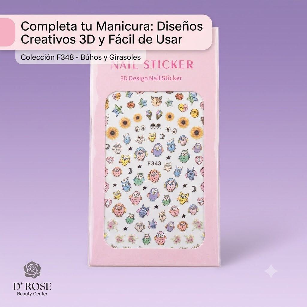 Nail Sticker 3D F348 Búhos y Girasoles Multicolor