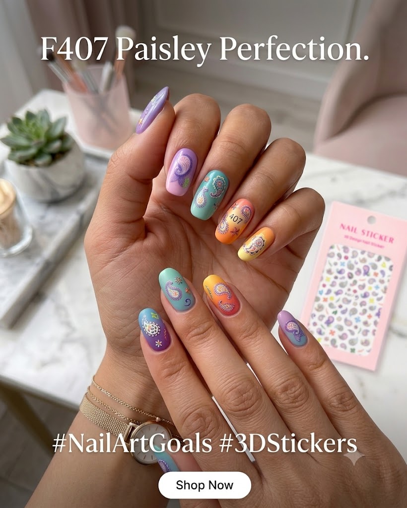 Nail Sticker 3D F407 Diseño Paisley Multicolor para Uñas