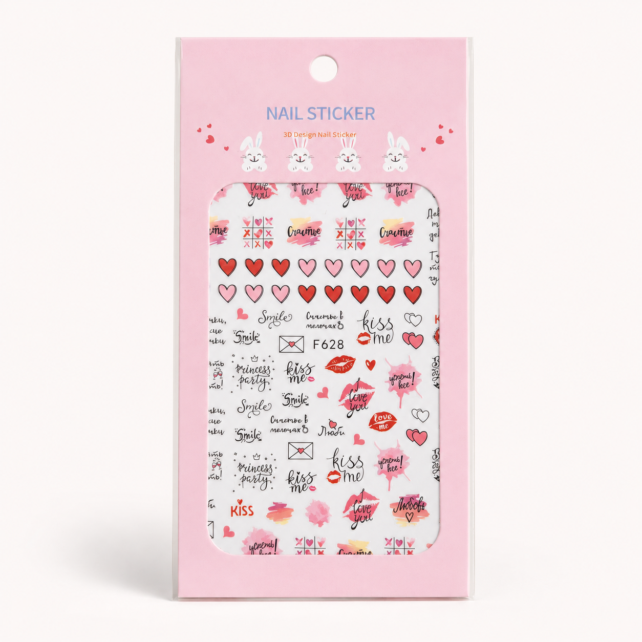 Nail Sticker 3D F628 – Diseños Románticos de Corazones, Besos y Mensajes