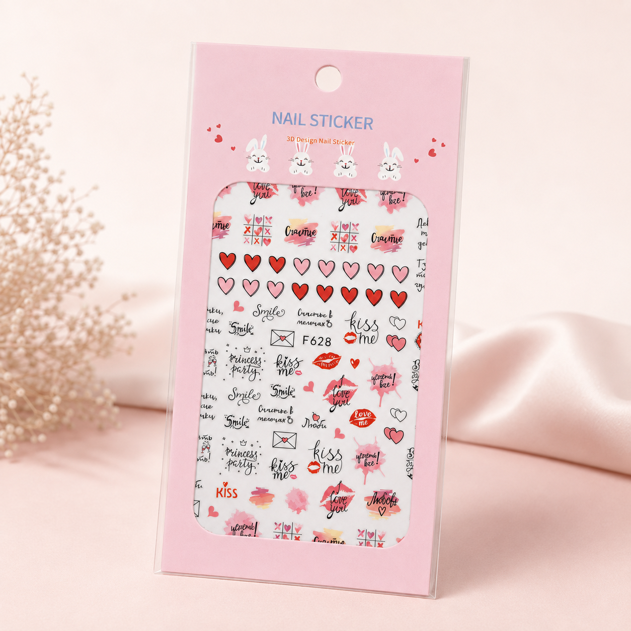 Nail Sticker 3D F628 – Diseños Románticos de Corazones, Besos y Mensajes