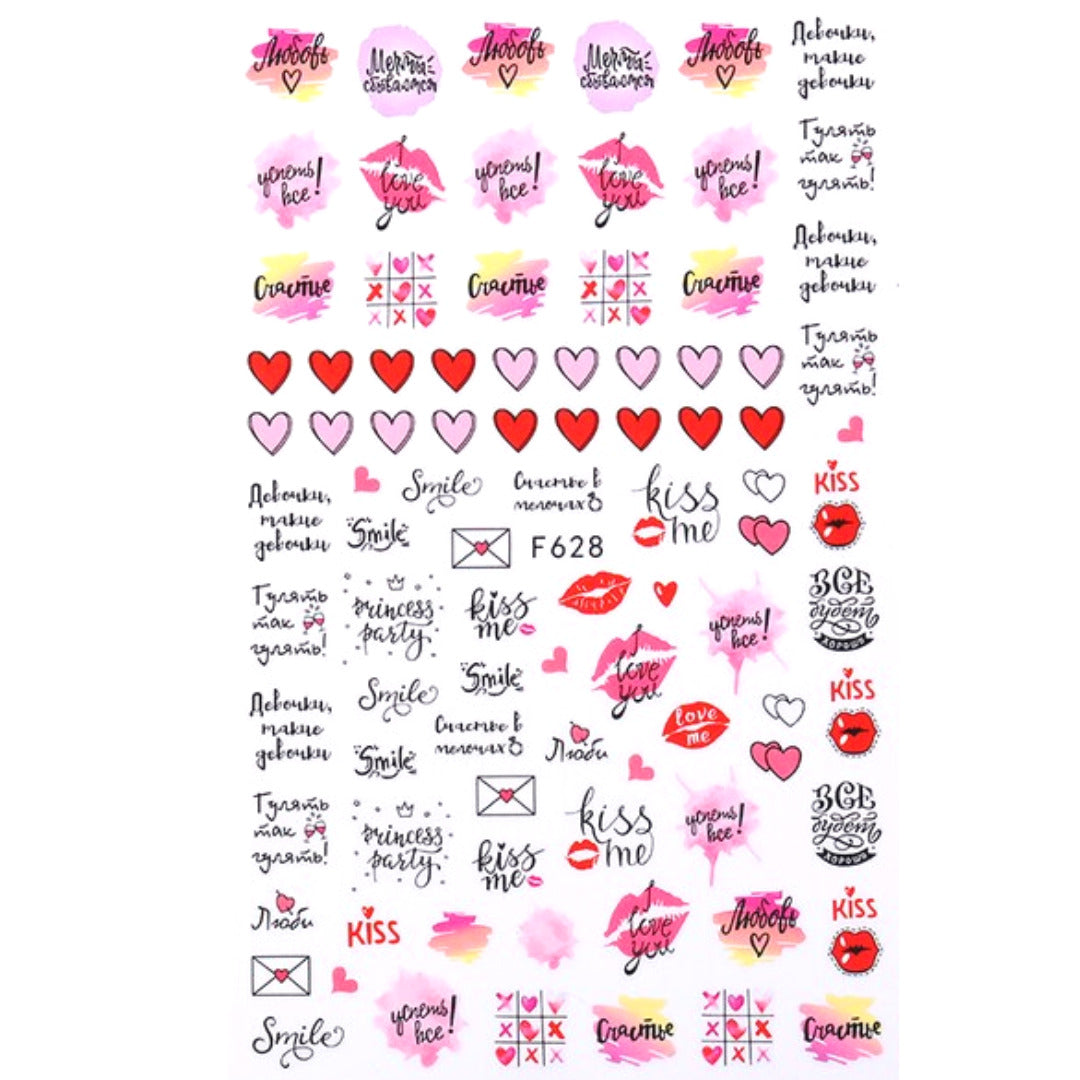 Nail Sticker 3D F628 – Diseños Románticos de Corazones, Besos y Mensajes