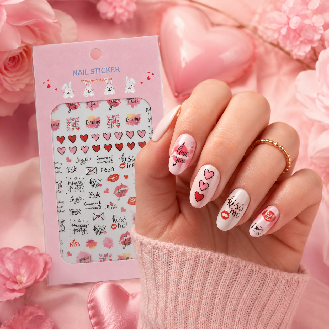 Nail Sticker 3D F628 – Diseños Románticos de Corazones, Besos y Mensajes