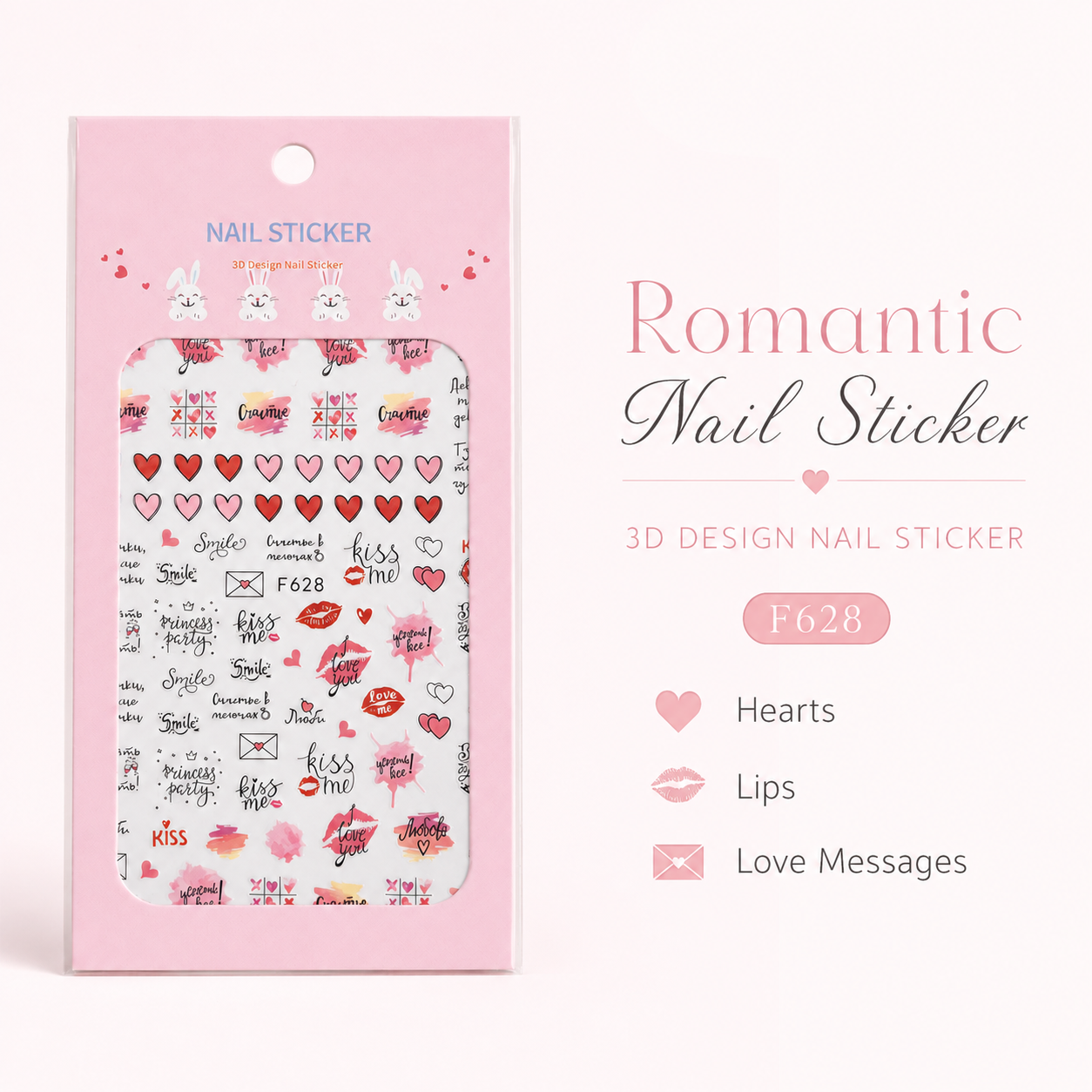 Nail Sticker 3D F628 – Diseños Románticos de Corazones, Besos y Mensajes