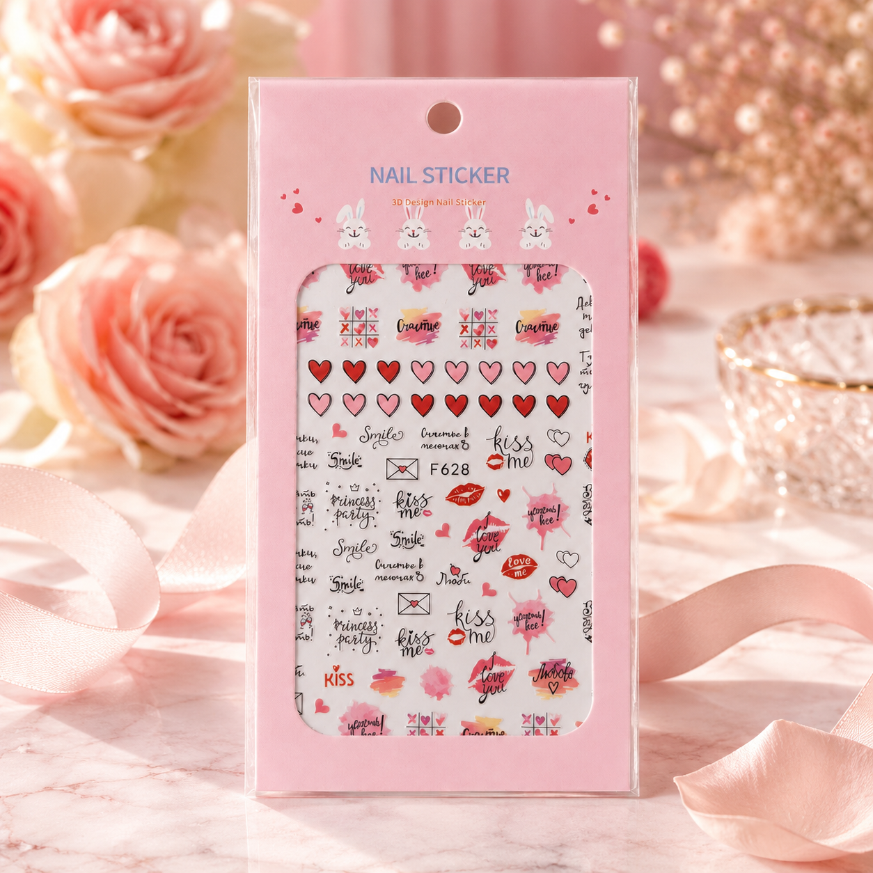 Nail Sticker 3D F628 – Diseños Románticos de Corazones, Besos y Mensajes