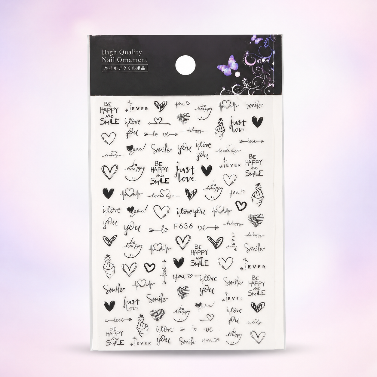 Spiral Nail Stickers F636 – Frases Románticas, Corazones y Diseños Negros