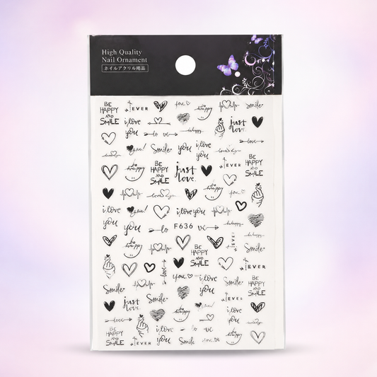Spiral Nail Stickers F636 – Frases Románticas, Corazones y Diseños Negros