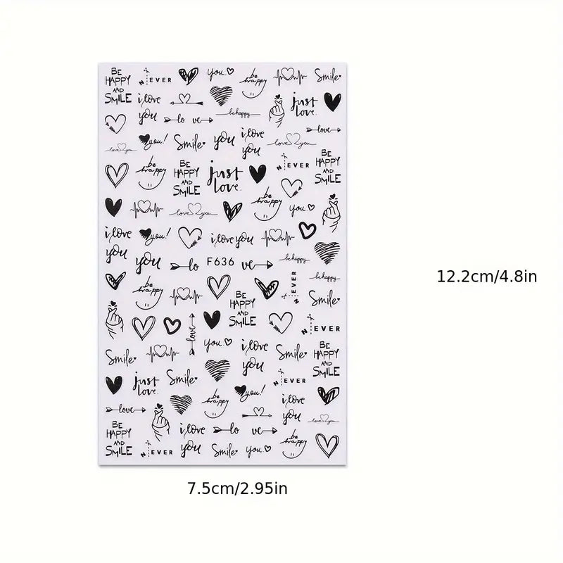 Spiral Nail Stickers F636 – Frases Románticas, Corazones y Diseños Negros