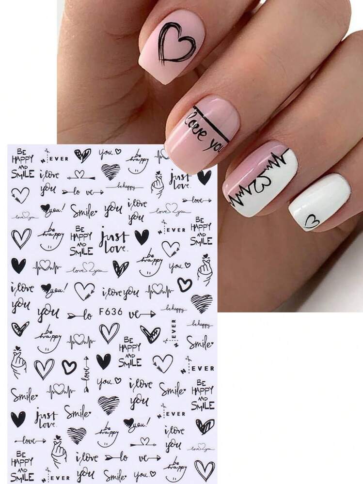 Spiral Nail Stickers F636 – Frases Románticas, Corazones y Diseños Negros