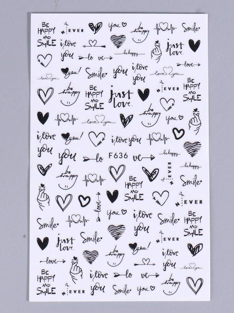 Spiral Nail Stickers F636 – Frases Románticas, Corazones y Diseños Negros