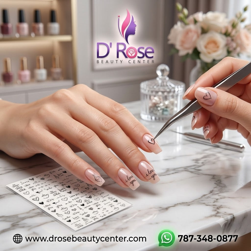 Spiral Nail Stickers F636 – Frases Románticas, Corazones y Diseños Negros