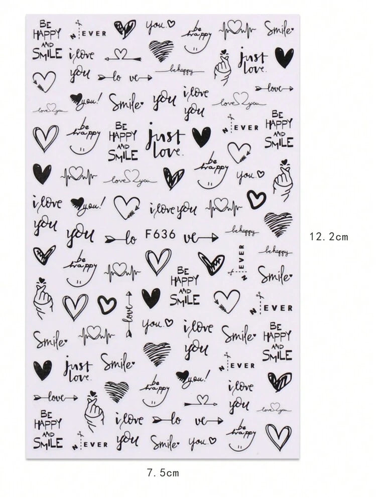 Spiral Nail Stickers F636 – Frases Románticas, Corazones y Diseños Negros