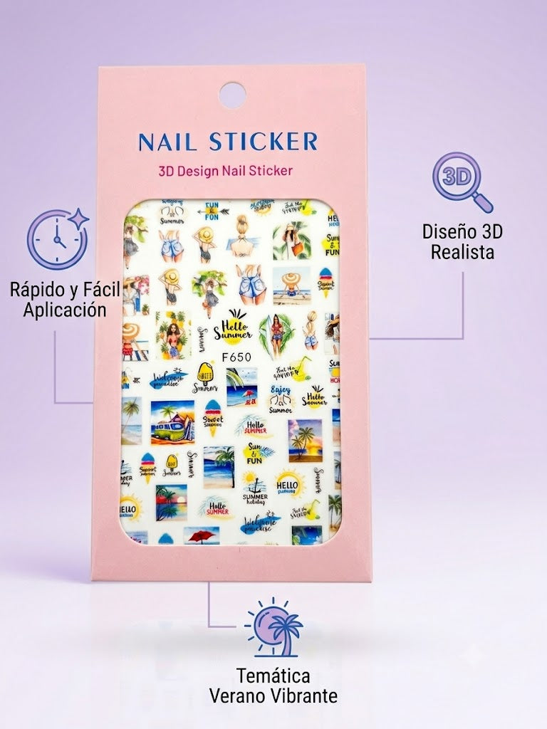 Nail Sticker 3D F650 con Diseños de Verano para Uñas