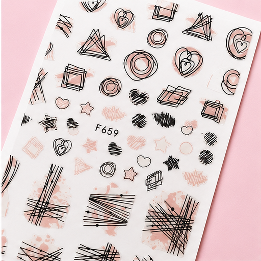 Nail Sticker 3D F659 – Diseños Abstractos en Negro y Rosa