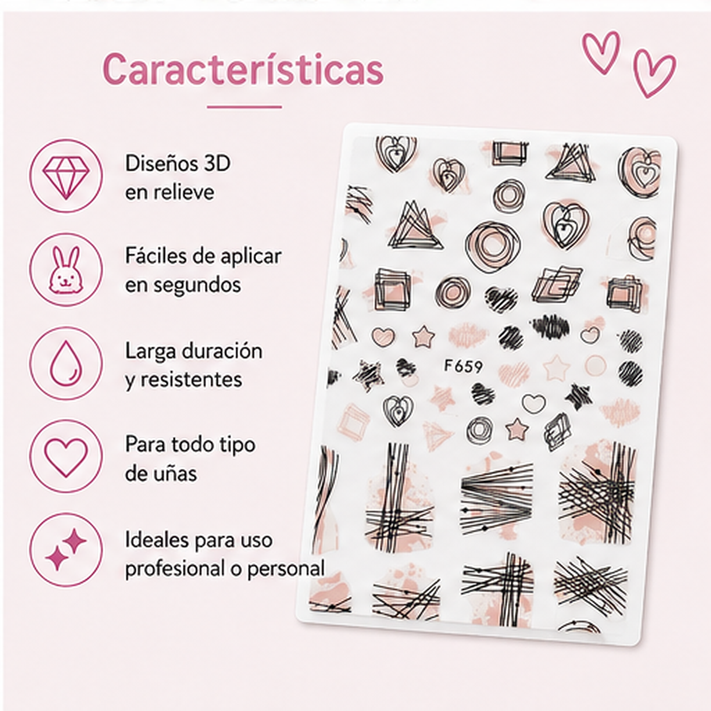 Nail Sticker 3D F659 – Diseños Abstractos en Negro y Rosa
