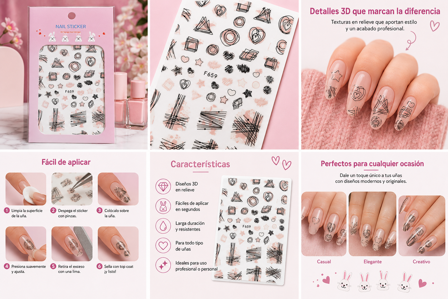 Nail Sticker 3D F659 – Diseños Abstractos en Negro y Rosa