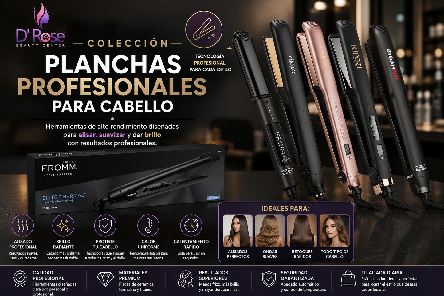 🔥 FROMM Elite Thermal 1” Flat Iron – Plancha Profesional de Cerámica + Turmalina para Alisado, Brillo y Control de Frizz