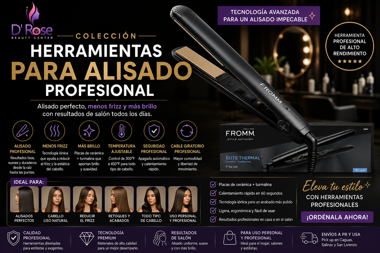 🔥 FROMM Elite Thermal 1” Flat Iron – Plancha Profesional de Cerámica + Turmalina para Alisado, Brillo y Control de Frizz
