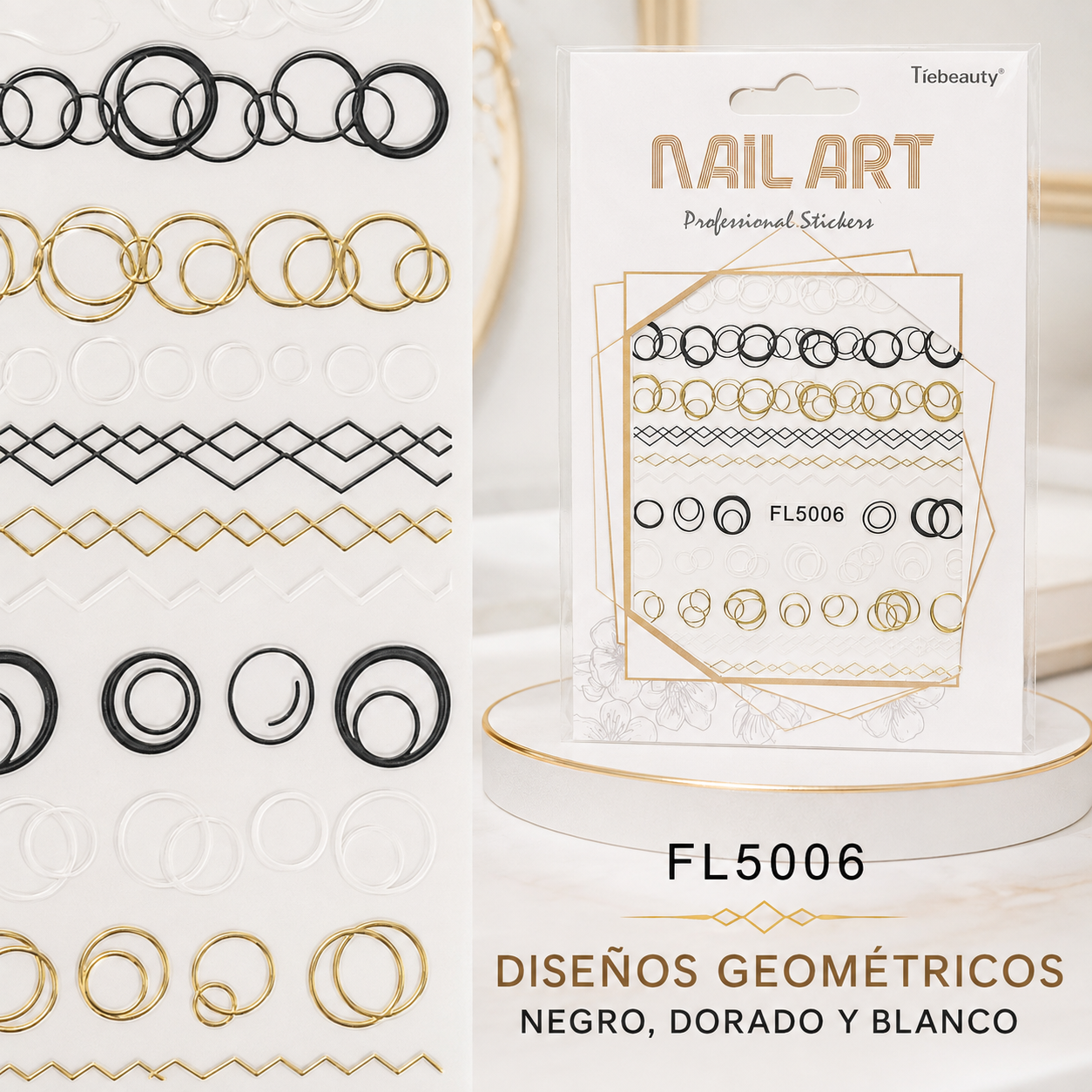 💅 Tíebeauty Nail Art Professional Stickers FL5006 Negro, Dorado y Blanco
