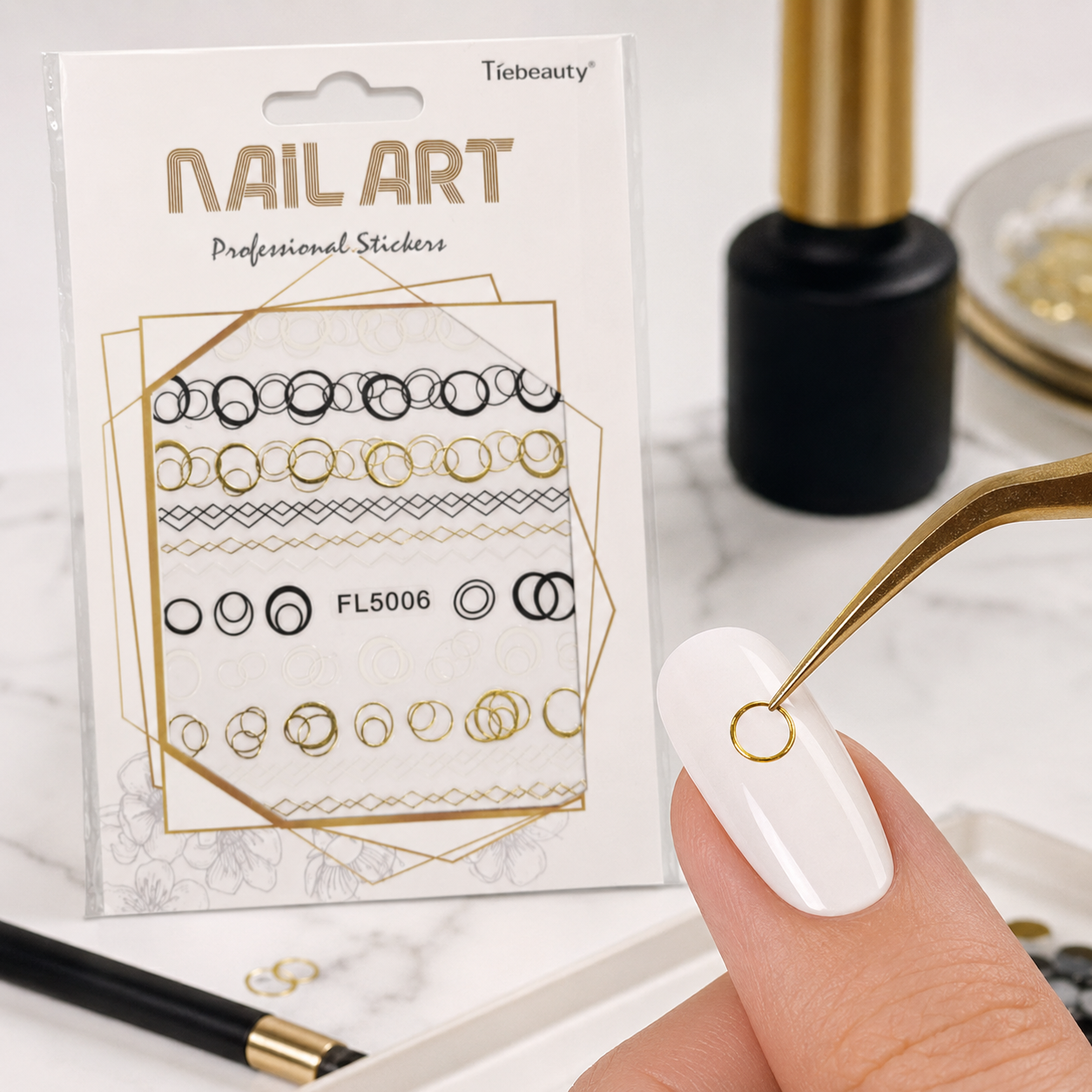 💅 Tíebeauty Nail Art Professional Stickers FL5006 Negro, Dorado y Blanco
