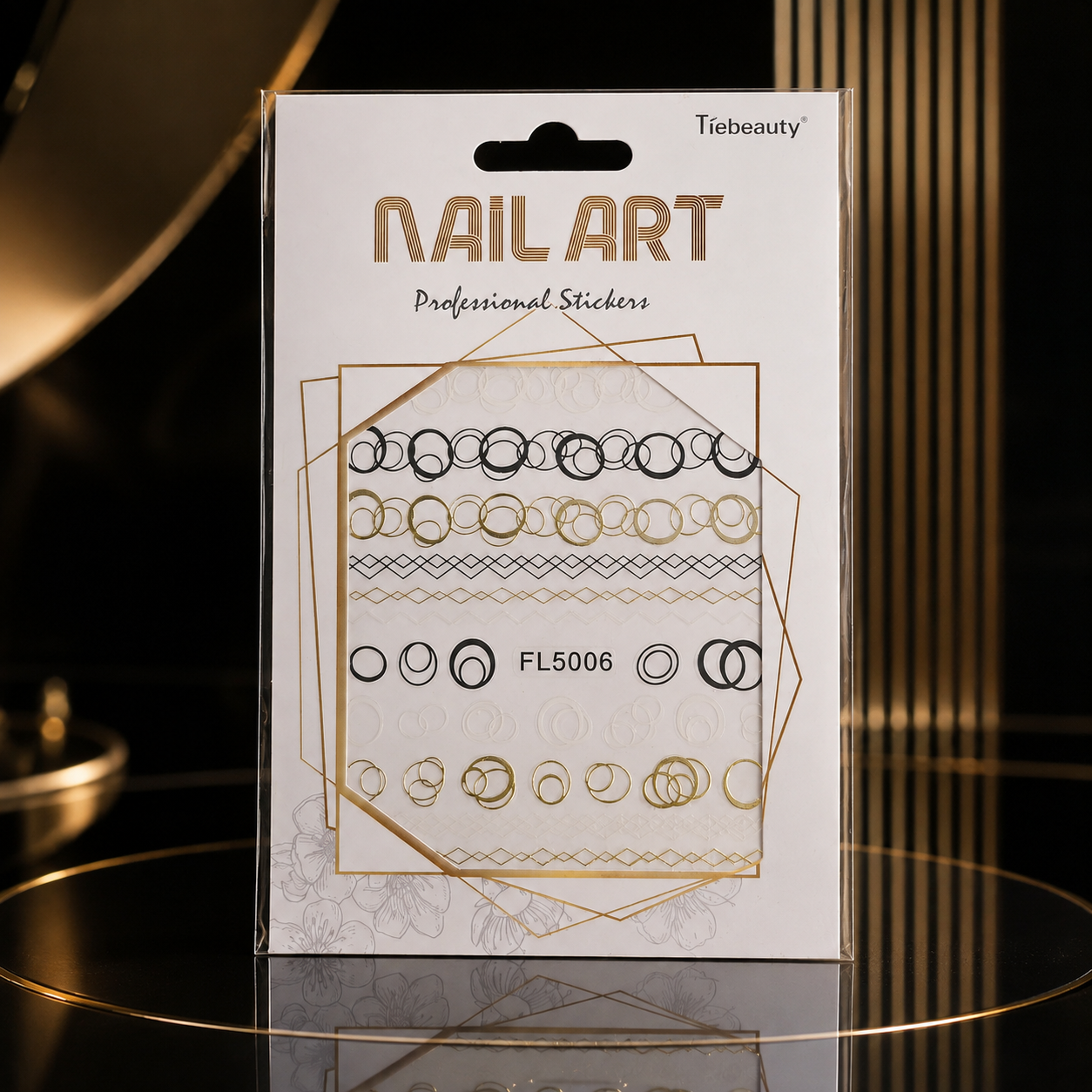 💅 Tíebeauty Nail Art Professional Stickers FL5006 Negro, Dorado y Blanco