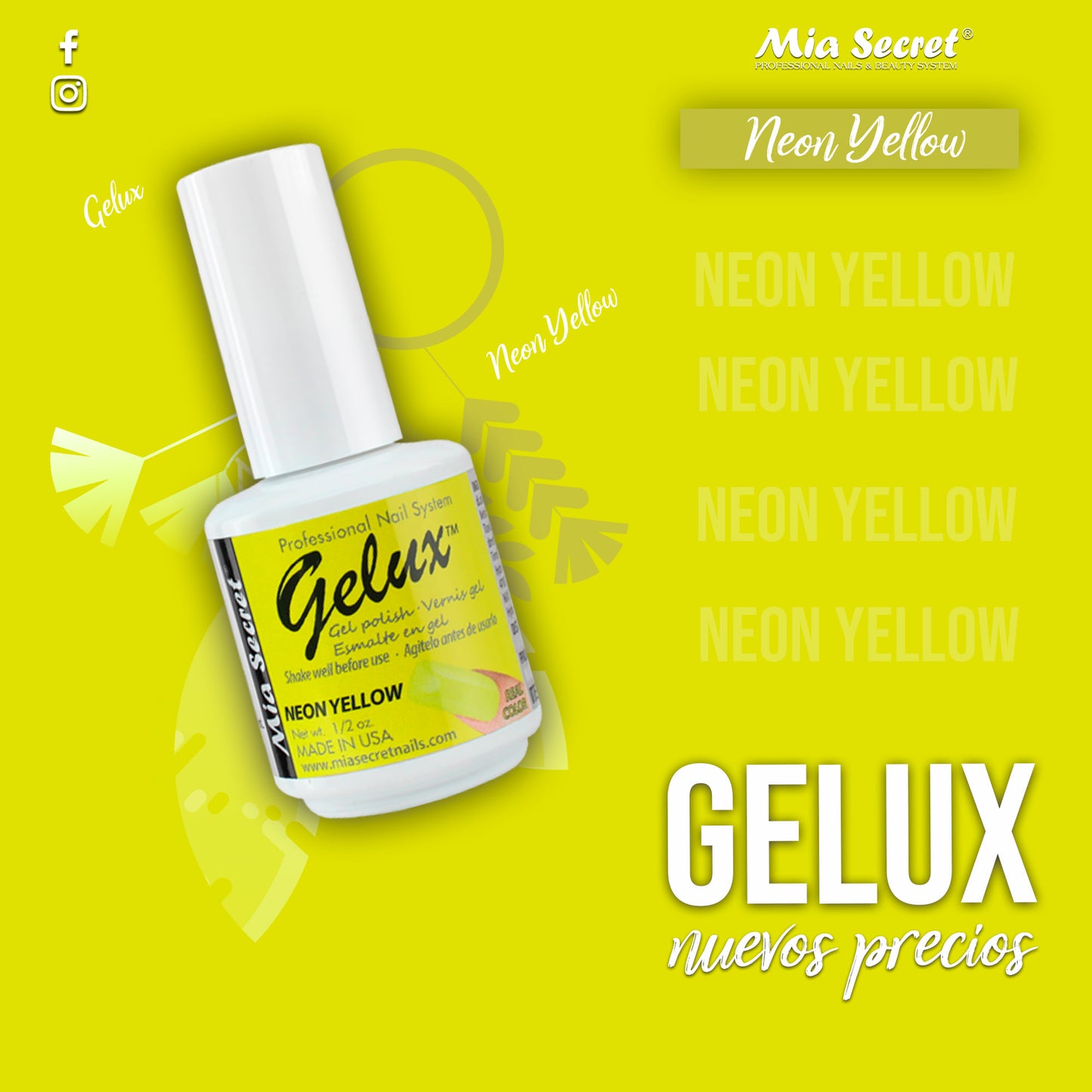 💅✨ Mia Secret® GELUX Gel Polish Neon Yellow 0.5 oz (15 ml) (GP-103) — Esmalte en Gel Profesional de Alta Pigmentación UV/LED ✨💅