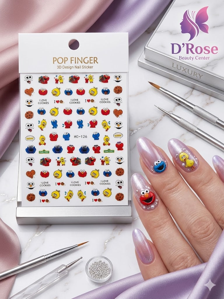Pop Finger 3D Design Nail Stickers HC-126 – Personajes, Galletas y Diseños Divertidos