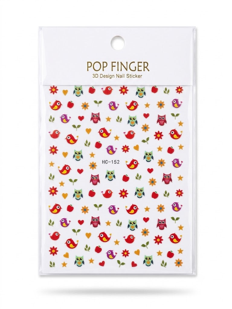 Pop Finger 3D Design Nail Stickers HC-152 – Búhos, Pájaros, Flores y Corazones