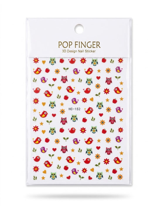 Pop Finger 3D Design Nail Stickers HC-152 – Búhos, Pájaros, Flores y Corazones