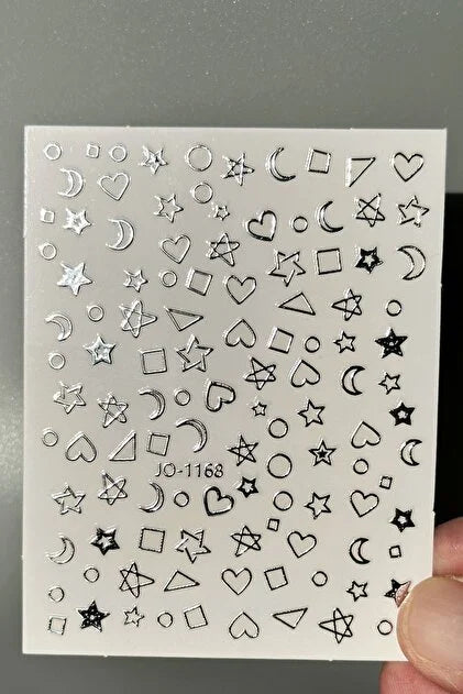 Joyful Nail Stickers 3D para Uñas Estrellas, Lunas y Corazones Plateados JO-1168P