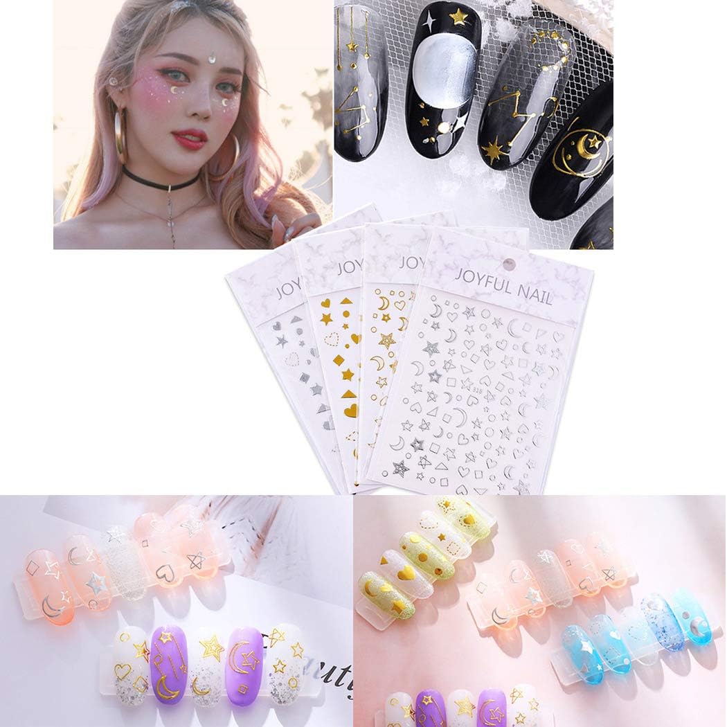 Joyful Nail Stickers 3D para Uñas Estrellas, Lunas y Corazones Plateados JO-1168P