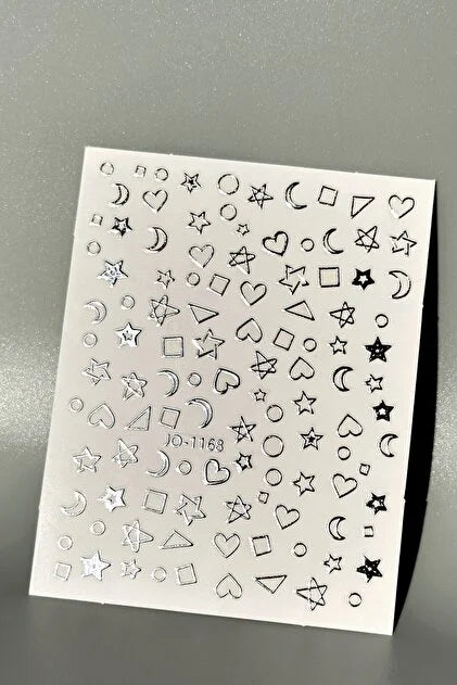 Joyful Nail Stickers 3D para Uñas Estrellas, Lunas y Corazones Plateados JO-1168P