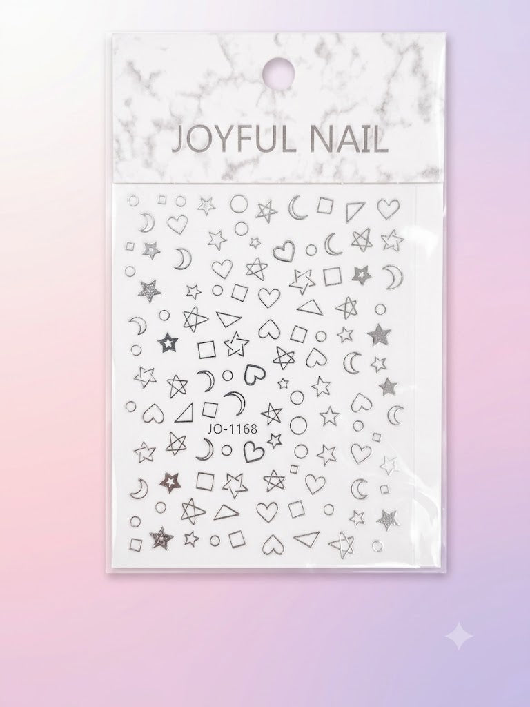 Joyful Nail Stickers 3D para Uñas Estrellas, Lunas y Corazones Plateados JO-1168P