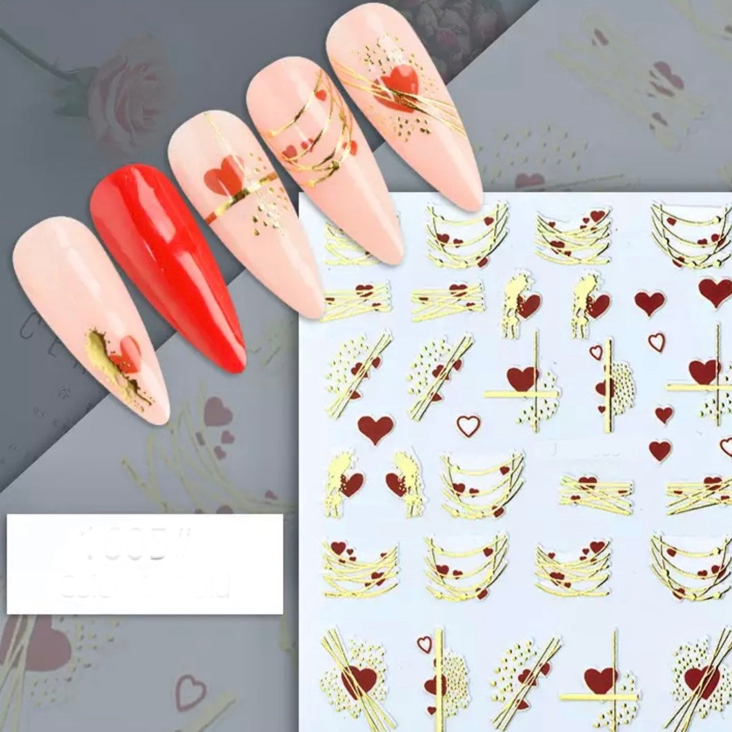 Joyful Nail Stickers 3D para Uñas Corazones Rojos y Dorados JO-1605