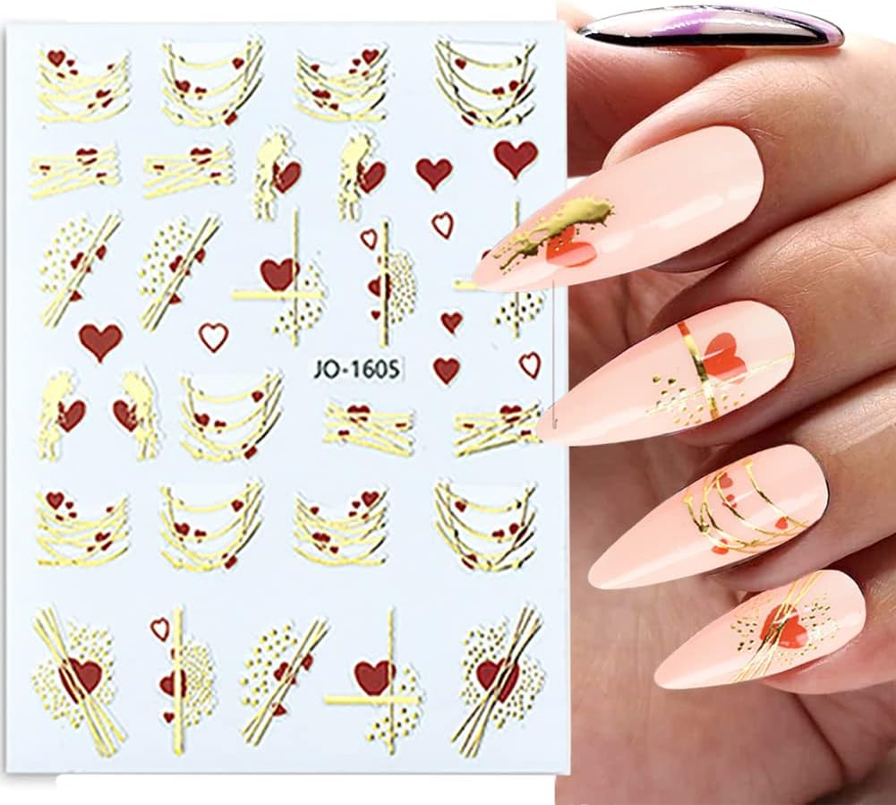 Joyful Nail Stickers 3D para Uñas Corazones Rojos y Dorados JO-1605