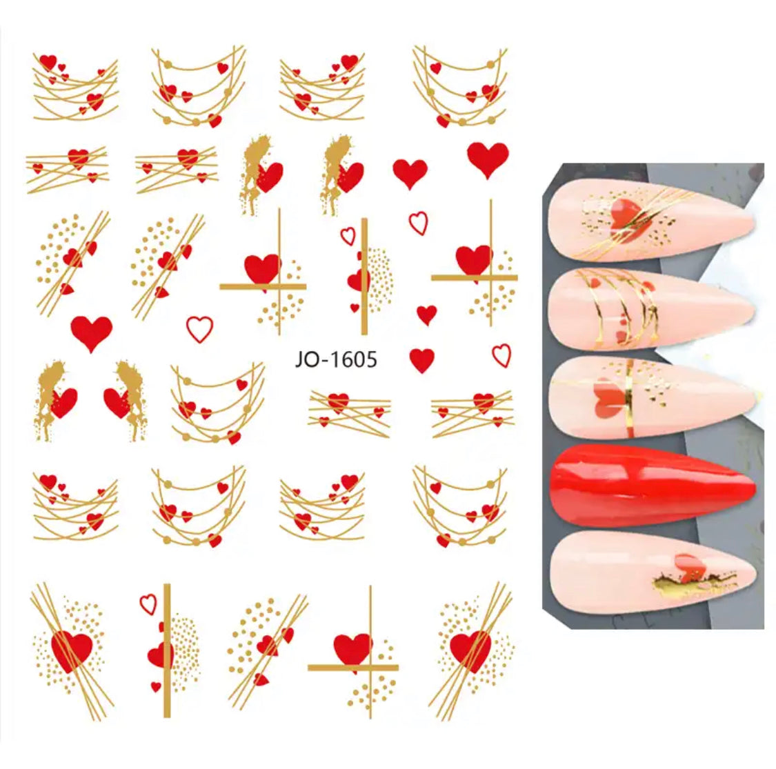Joyful Nail Stickers 3D para Uñas Corazones Rojos y Dorados JO-1605