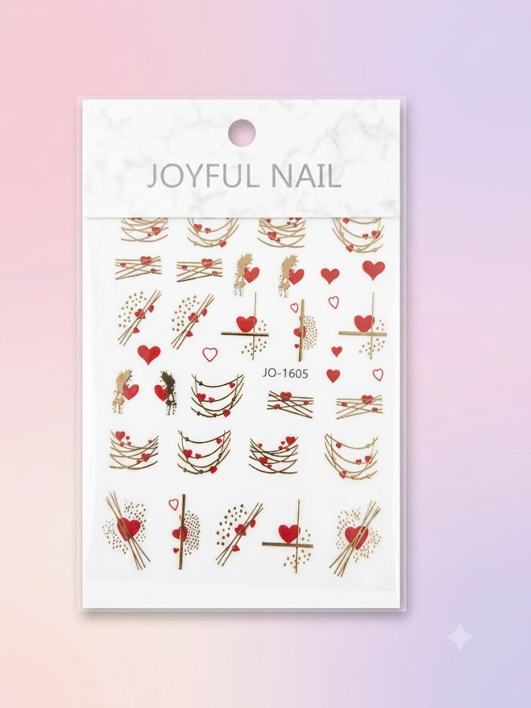 Joyful Nail Stickers 3D para Uñas Corazones Rojos y Dorados JO-1605