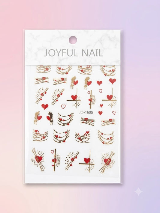 Joyful Nail Stickers 3D para Uñas Corazones Rojos y Dorados JO-1605