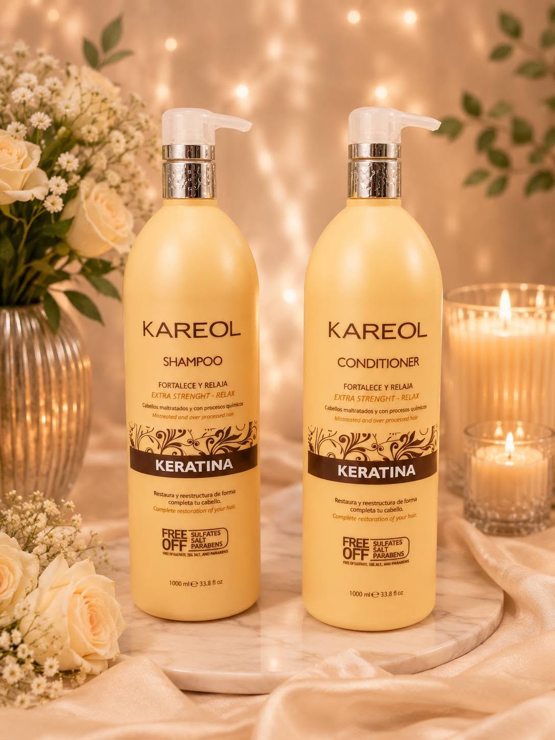 Kareol Keratina Kit 2 Piezas Shampoo y Acondicionador 1L para Cabello Seco y Dañado