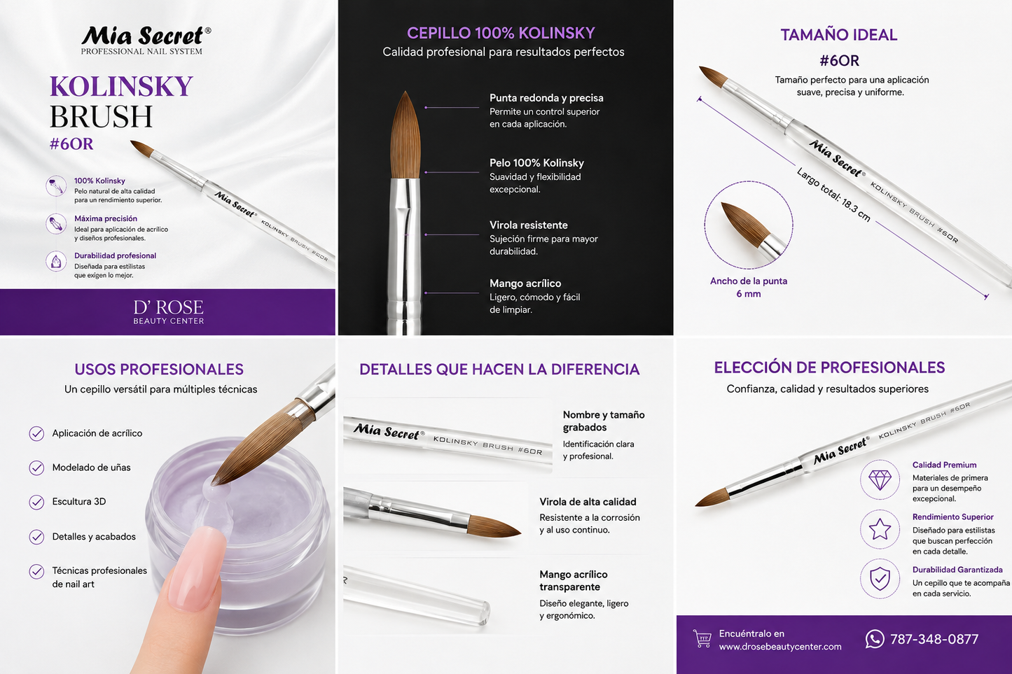 Mia Secret Kolinsky Brush #6 KNB-60R – Pincel Oval Profesional para Acrílico
