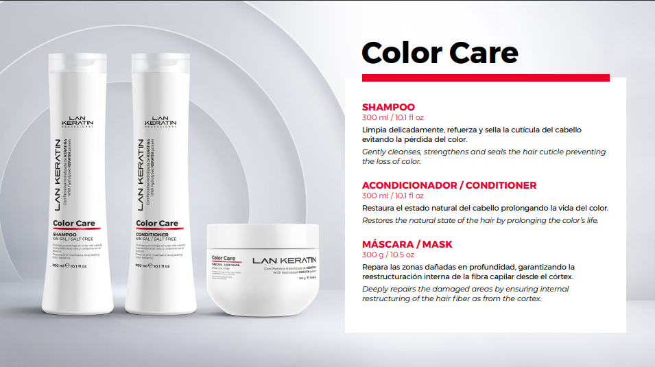 LAN KERATIN Color Care Kit 3 Piezas Sin Sal – Shampoo, Acondicionador y Mascarilla
