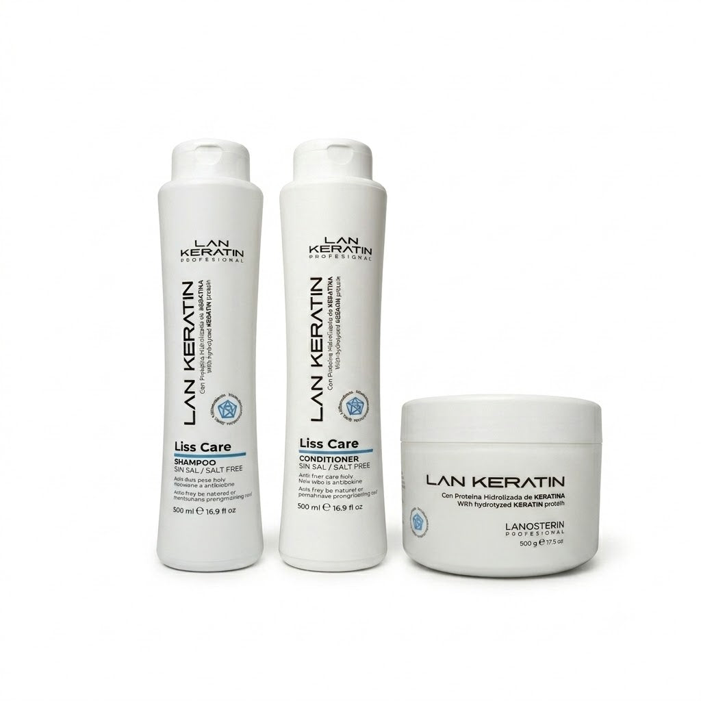 LAN KERATIN Liss Care Kit 3 Piezas Sin Sal 500 ml – Shampoo, Acondicionador y Mascarilla