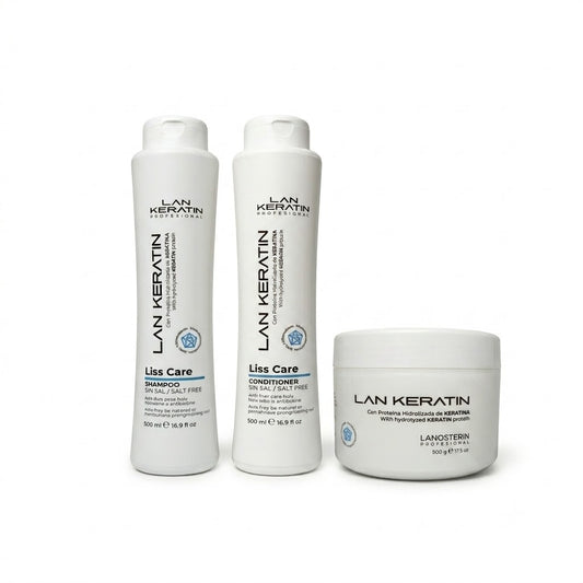 LAN KERATIN Liss Care Kit 3 Piezas Sin Sal 500 ml – Shampoo, Acondicionador y Mascarilla